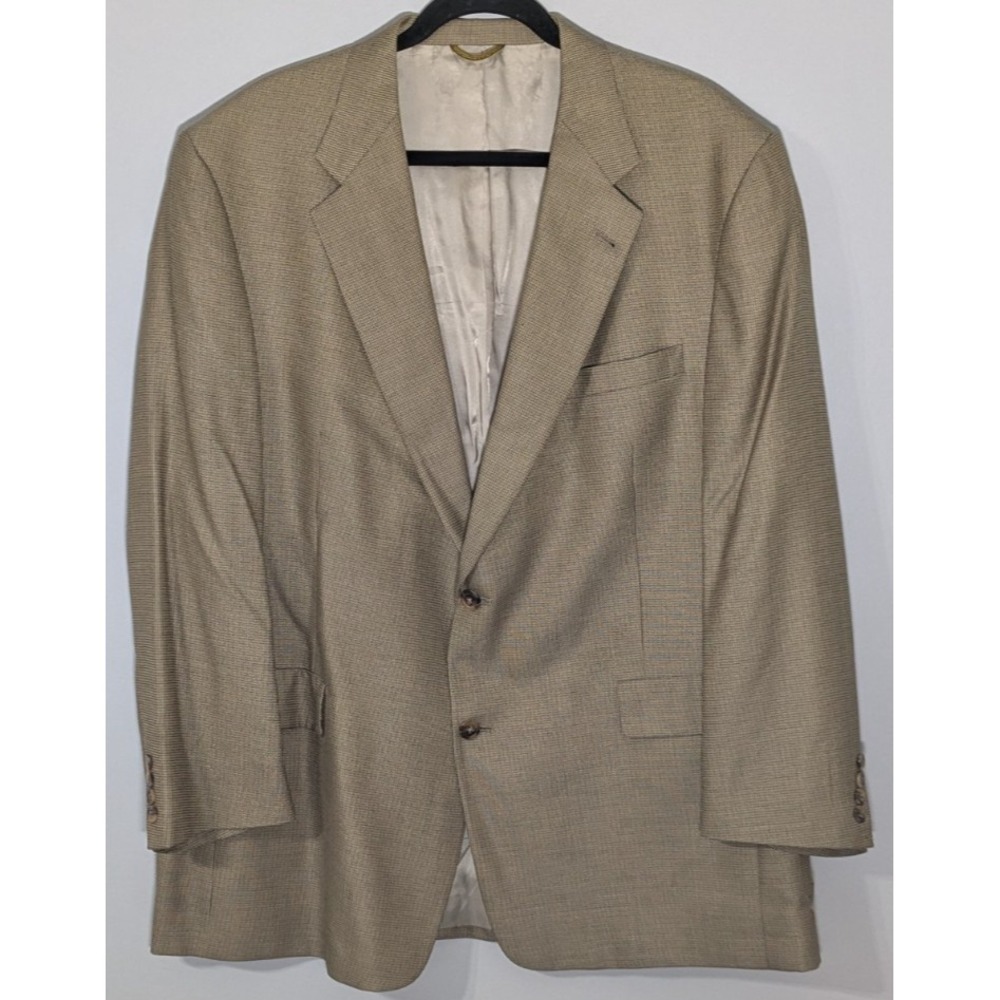 Hart Schaffner Marx Blazer Men's 46R Tan Houndstooth Gold Trumpeter Vintage USA